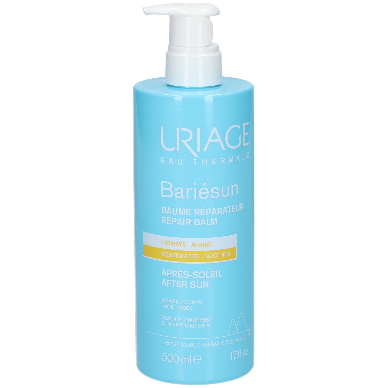 Hellblaue Flasche Uriage Bariésun Repair Balm. Text: Après-Soleil After Sun, 500 ml.