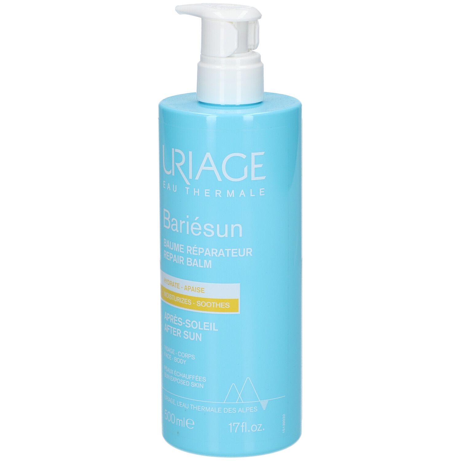 Hellblaue Flasche Uriage Bariésun Repair Balm. Text: Après-Soleil After Sun, 500 ml.