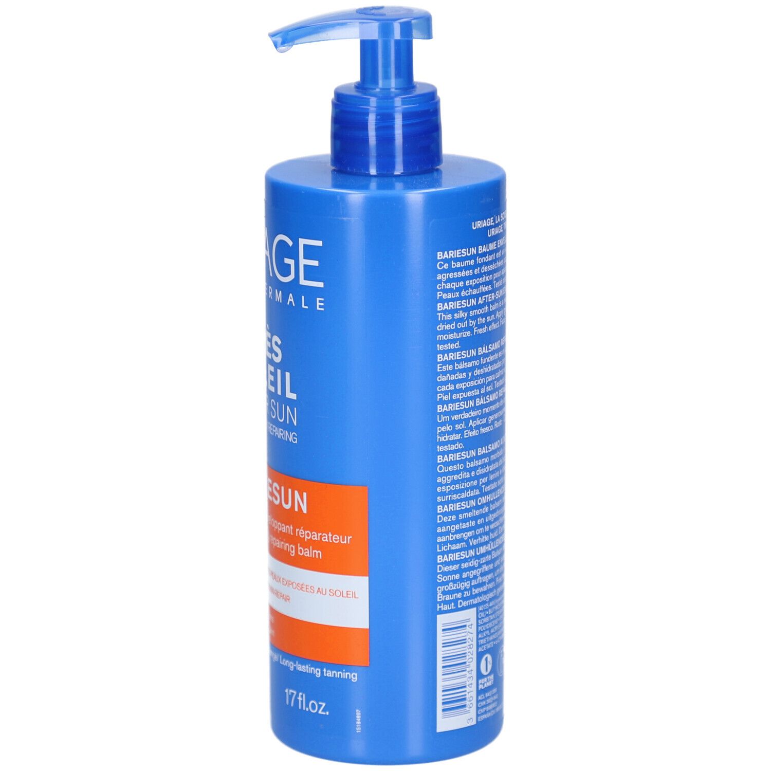 Blaue Flasche Uriage Après Soleil After Sun. Text: Bariésun, Repairing Balm, 17 fl.oz.