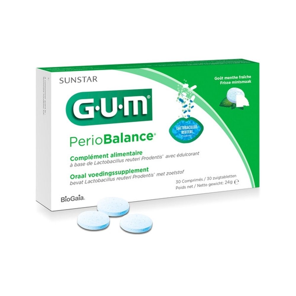 Boîte GUM PerioBalance avec comprimés. Vert et blanc, nom et logo. 3 comprimés visibles.
