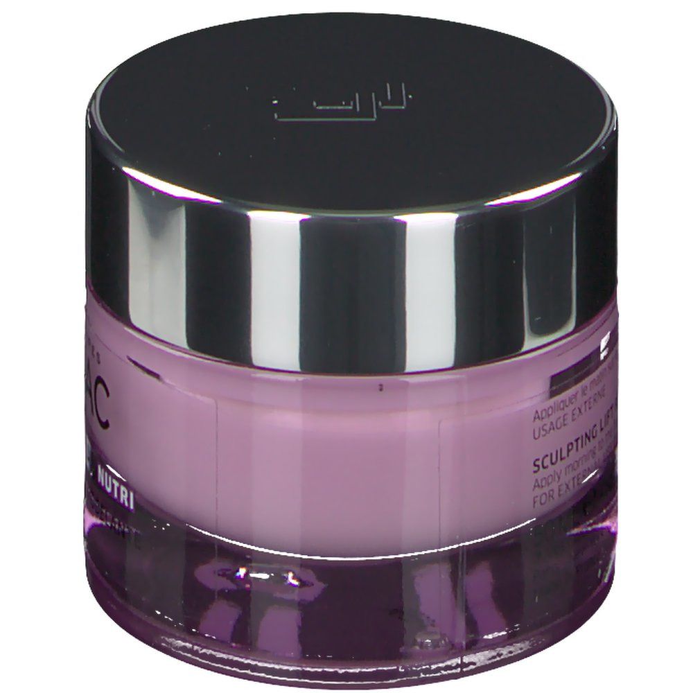 Pot de crème avec couvercle argenté. Inscription: SCULPTING LIFT RICH CREAM - NUTRI. Usage externe.