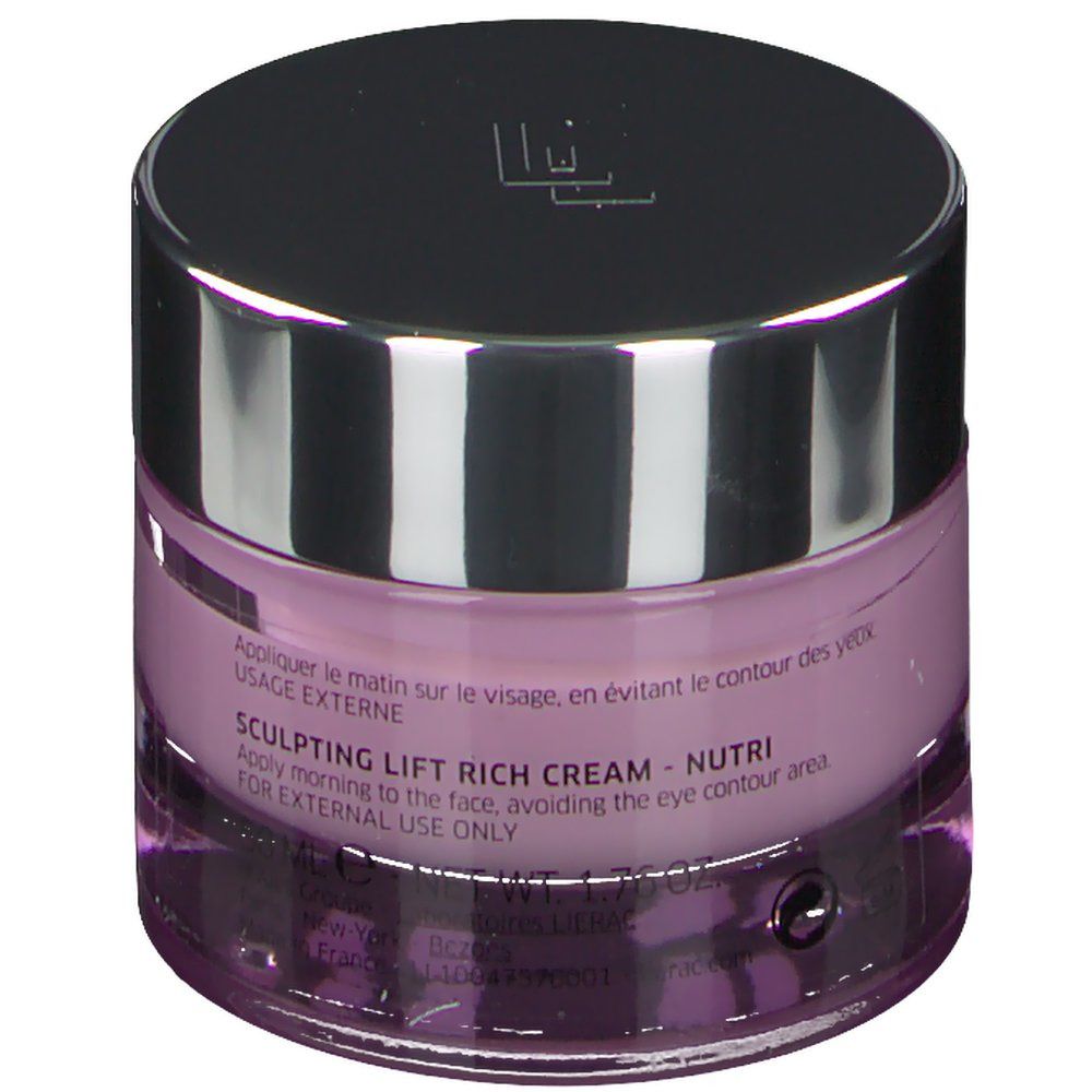 Pot de crème avec couvercle argenté. Inscription: SCULPTING LIFT RICH CREAM - NUTRI. Usage externe. Appliquer le matin.