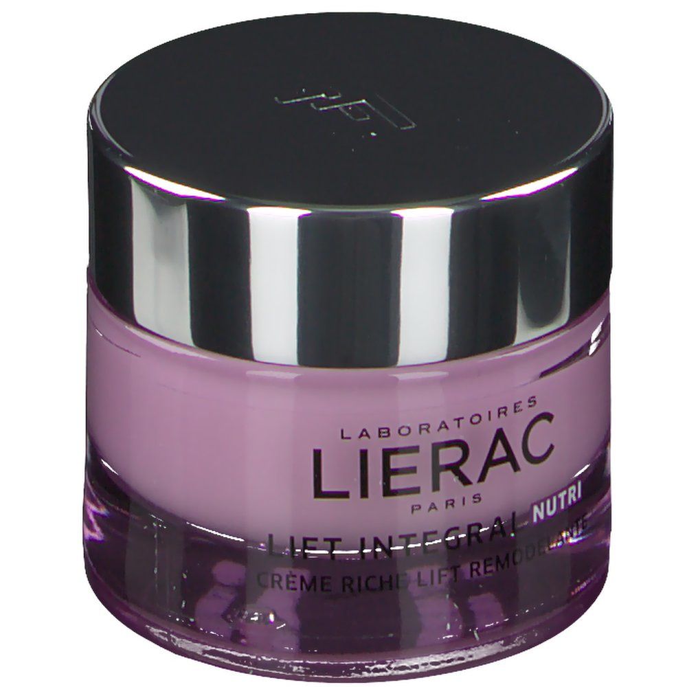 Pot de crème avec couvercle argenté. Inscription: LIERAC PARIS, LIFT INTEGRAL NUTRI. Crème riche lift remodelante.