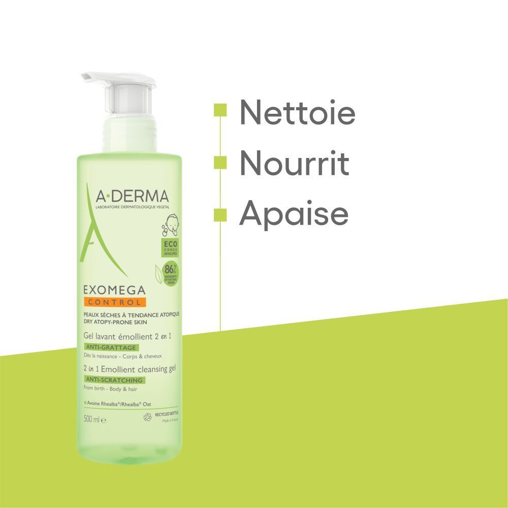 A-DERMA Exomega Control Gel lavant émollient 2 en 1 anti-grattage - Corps & Cheveux