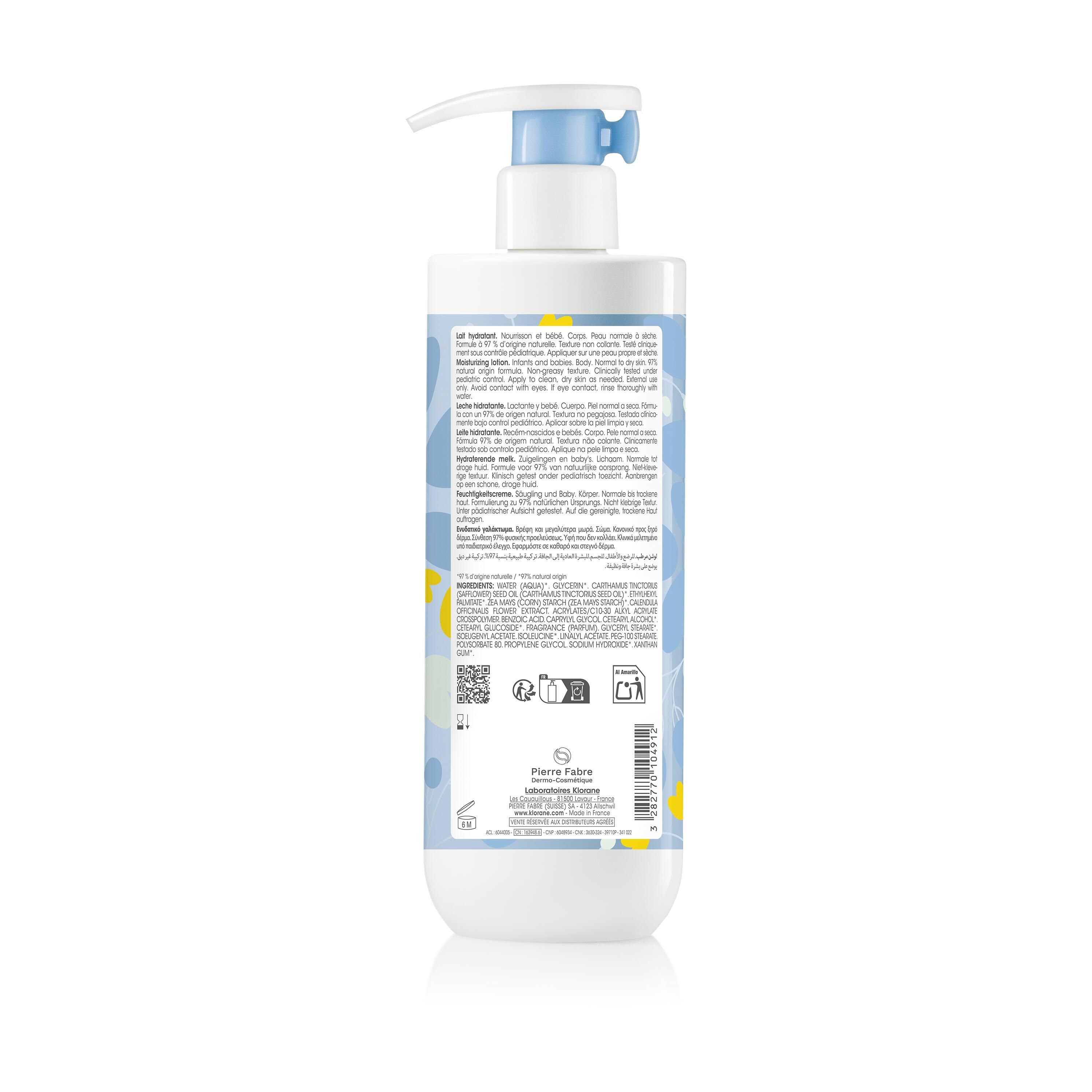 Dos du flacon. Texte multilingue. Informations produit et ingrédients. Avec logos.