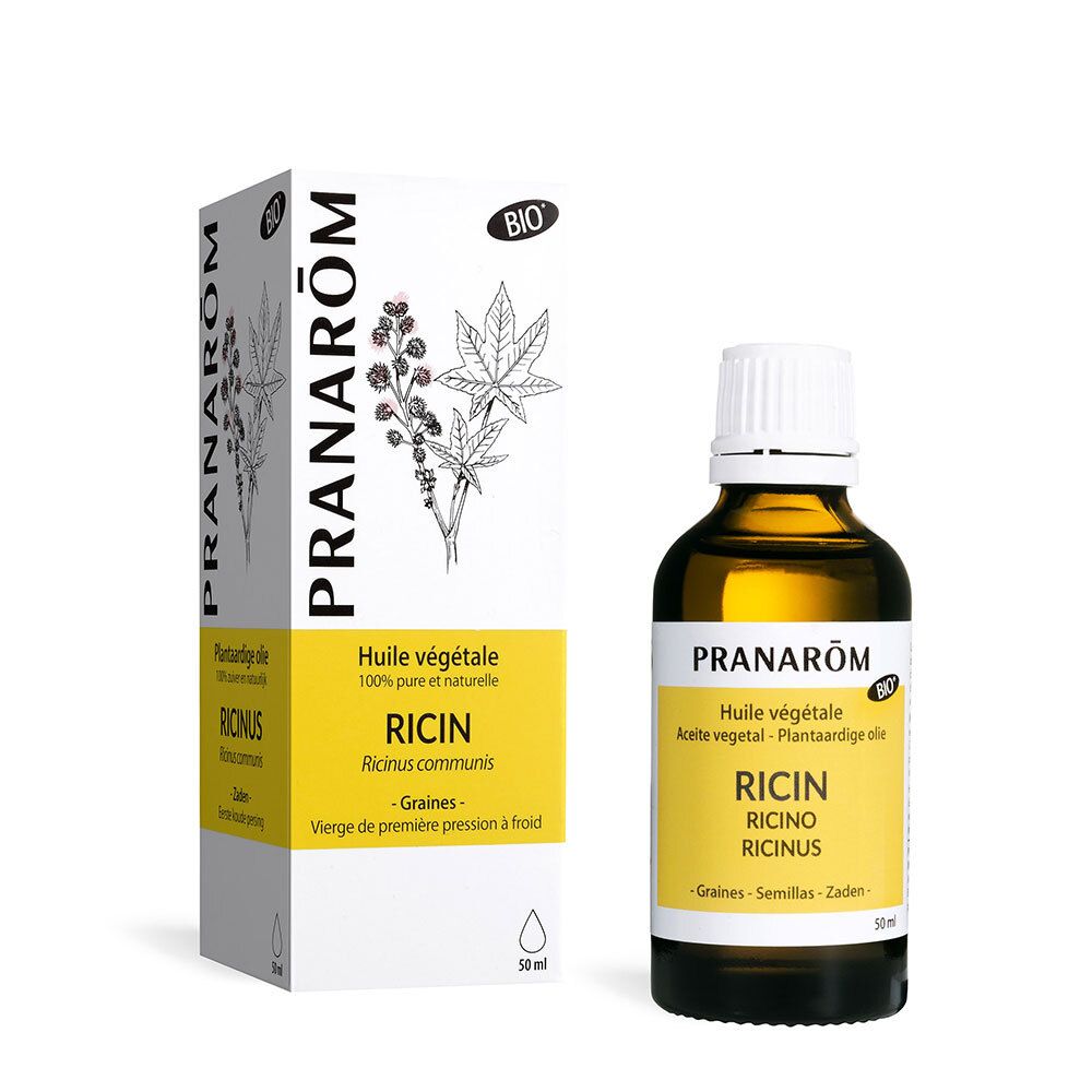 Flacon et boîte de PRANAROM Rizinusöl. Certification BIO. 50 ml.