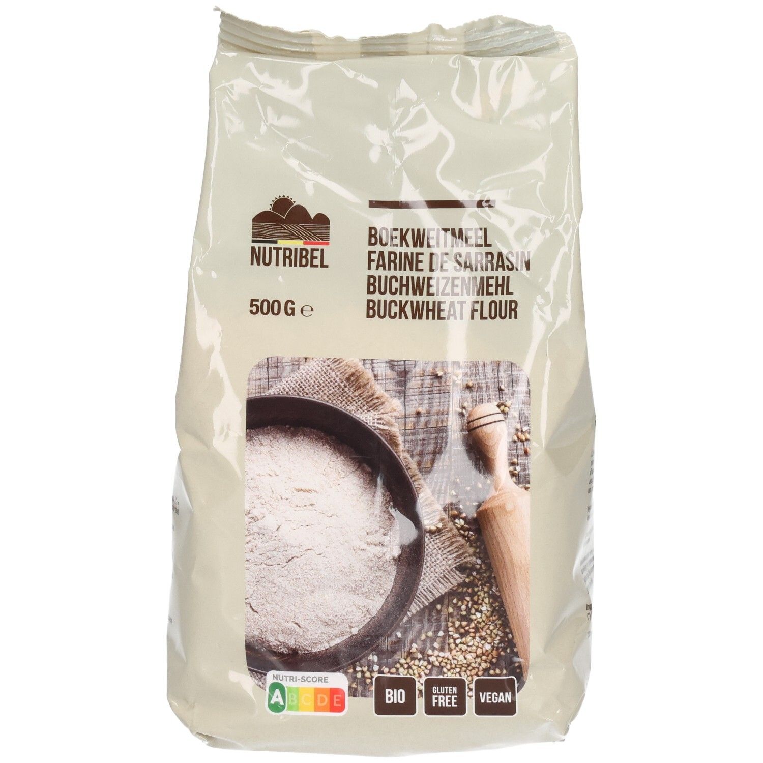 Beutel Nutribel Buchweizenmehl. Aufdrucke: Name, Produktbezeichnung, Gewicht, Bio-Siegel, glutenfrei, vegan.