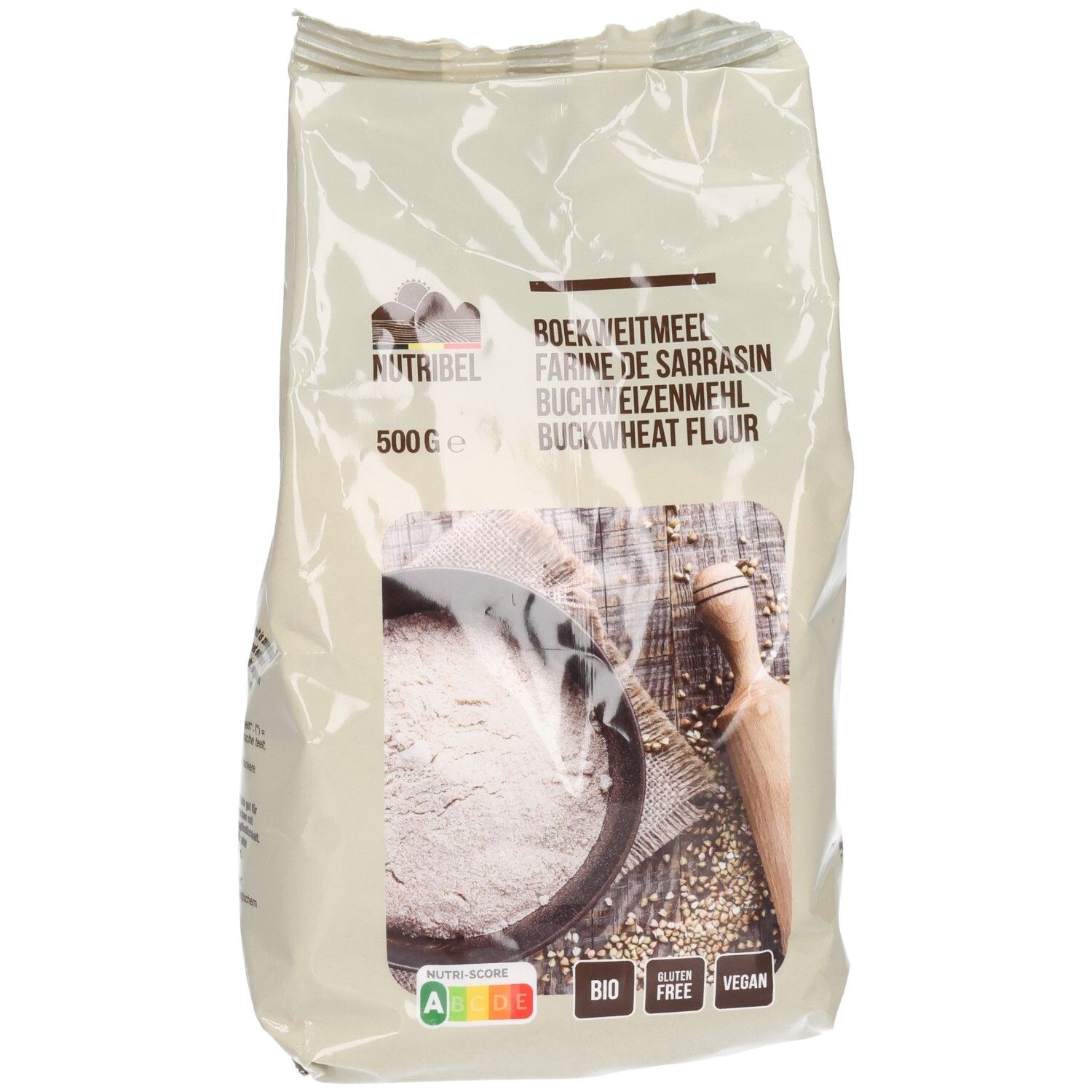 Beutel Nutribel Buchweizenmehl. Aufdrucke: Name, Produktbezeichnung, Gewicht, Bio-Siegel, glutenfrei, vegan.