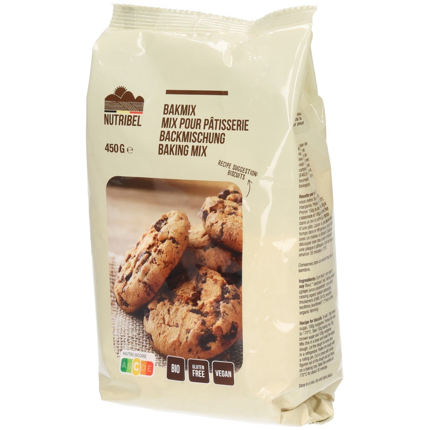 Verpackung Nutribel Backmischung. Sichtfenster mit Keksen. Aufdrucke: BIO, glutenfrei, vegan. 450g.