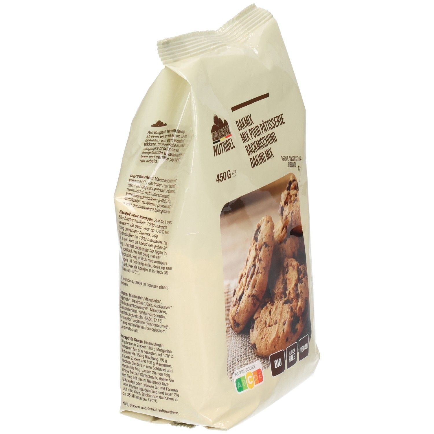 Verpackung Nutribel Backmischung. Rückseite mit Text. Aufdrucke: BIO, glutenfrei, vegan. 450g.