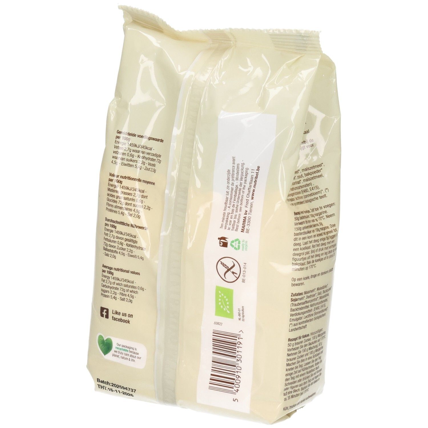 Verpackung Nutribel Backmischung. Rückseite mit Text und Etiketten. Aufdrucke: BIO, glutenfrei, vegan. 450g.
