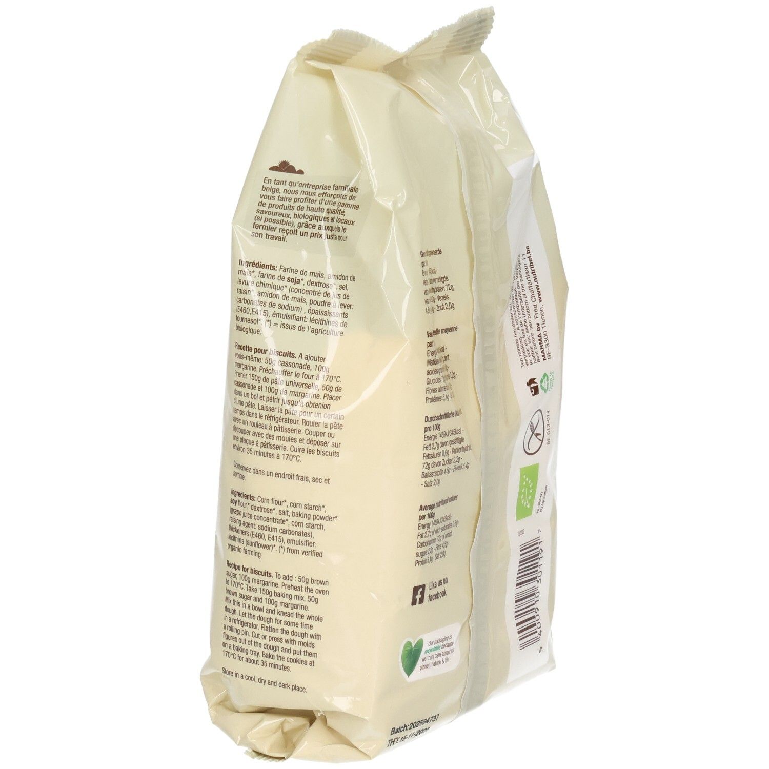 Verpackung Nutribel Backmischung. Rückseite mit Text und Etiketten. Aufdrucke: BIO, glutenfrei, vegan. 450g.