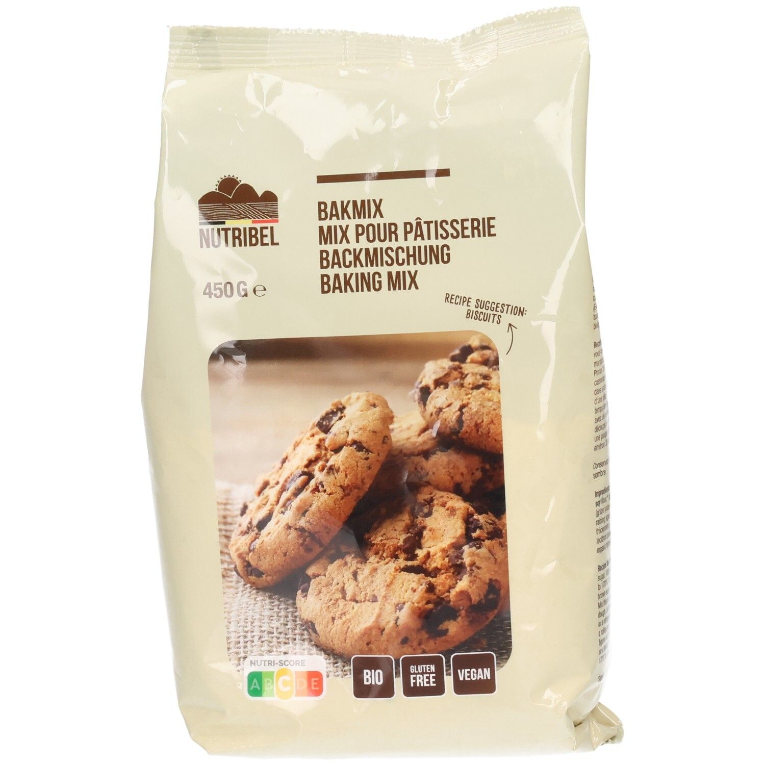 Verpackung Nutribel Backmischung. Sichtfenster mit Keksen. Aufdrucke: BIO, glutenfrei, vegan. 450g.