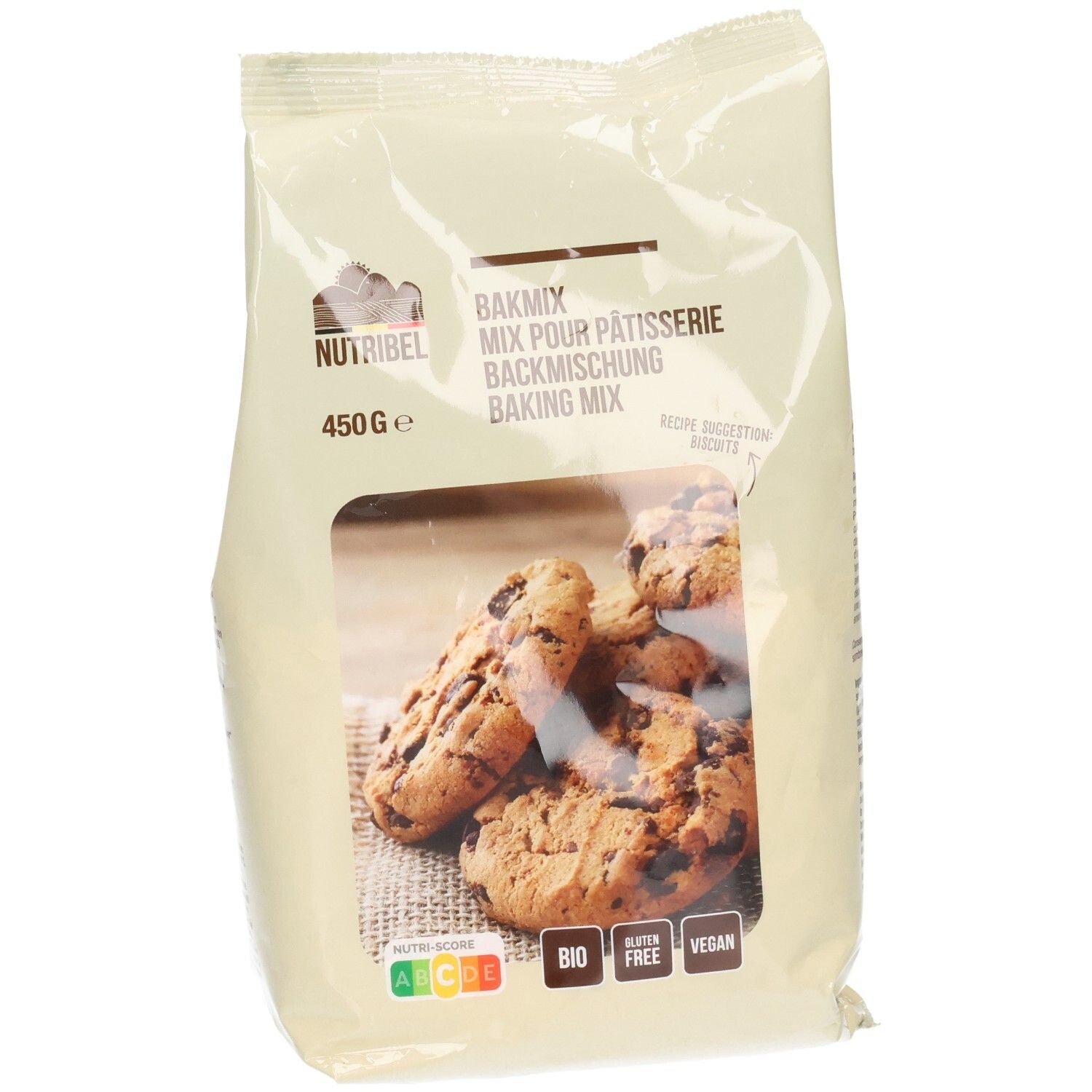 Verpackung Nutribel Backmischung. Sichtfenster mit Keksen. Aufdrucke: BIO, glutenfrei, vegan. 450g.