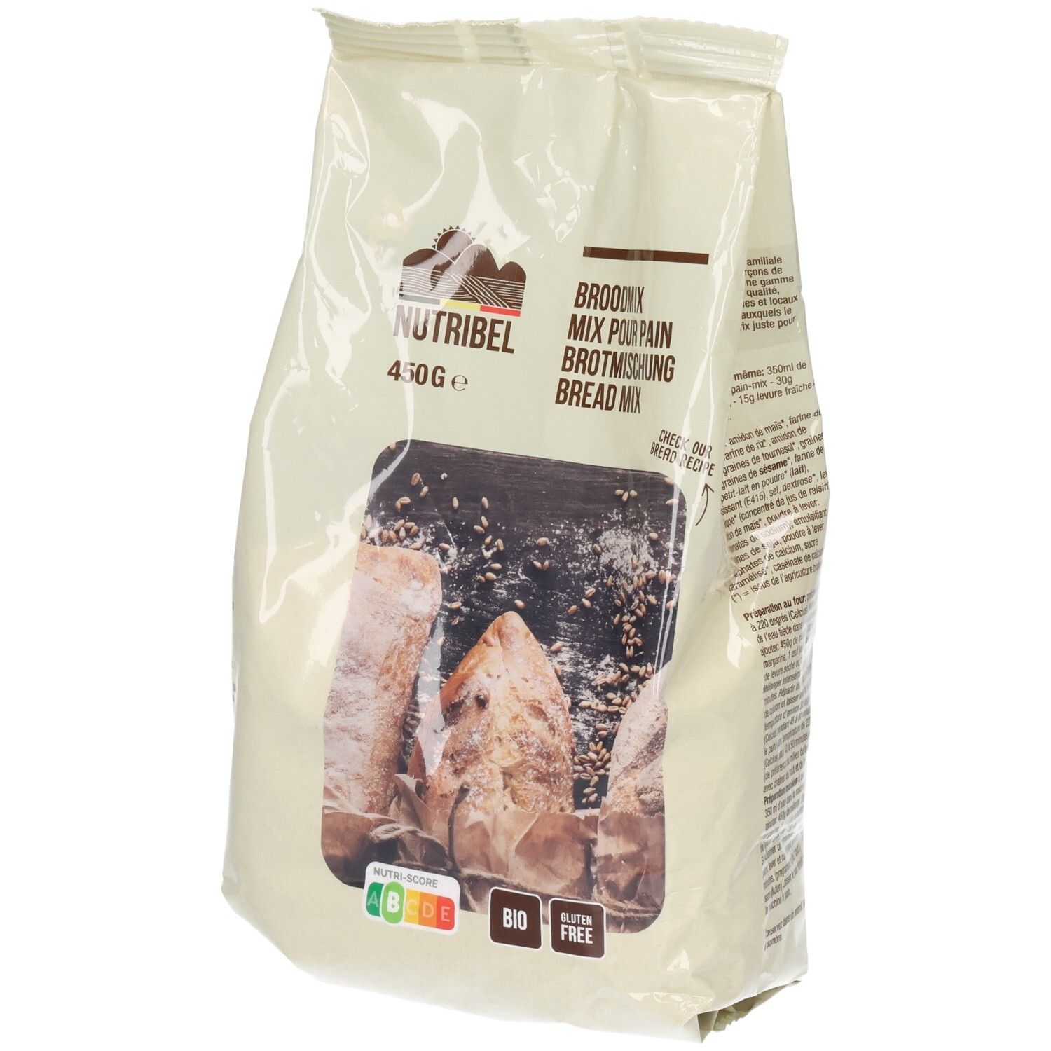 Beutel mit Brotbackmischung. Aufdrucke: Nutribel, Broodmix, Bio, glutenfrei, 450g. Abbildung von Brot.