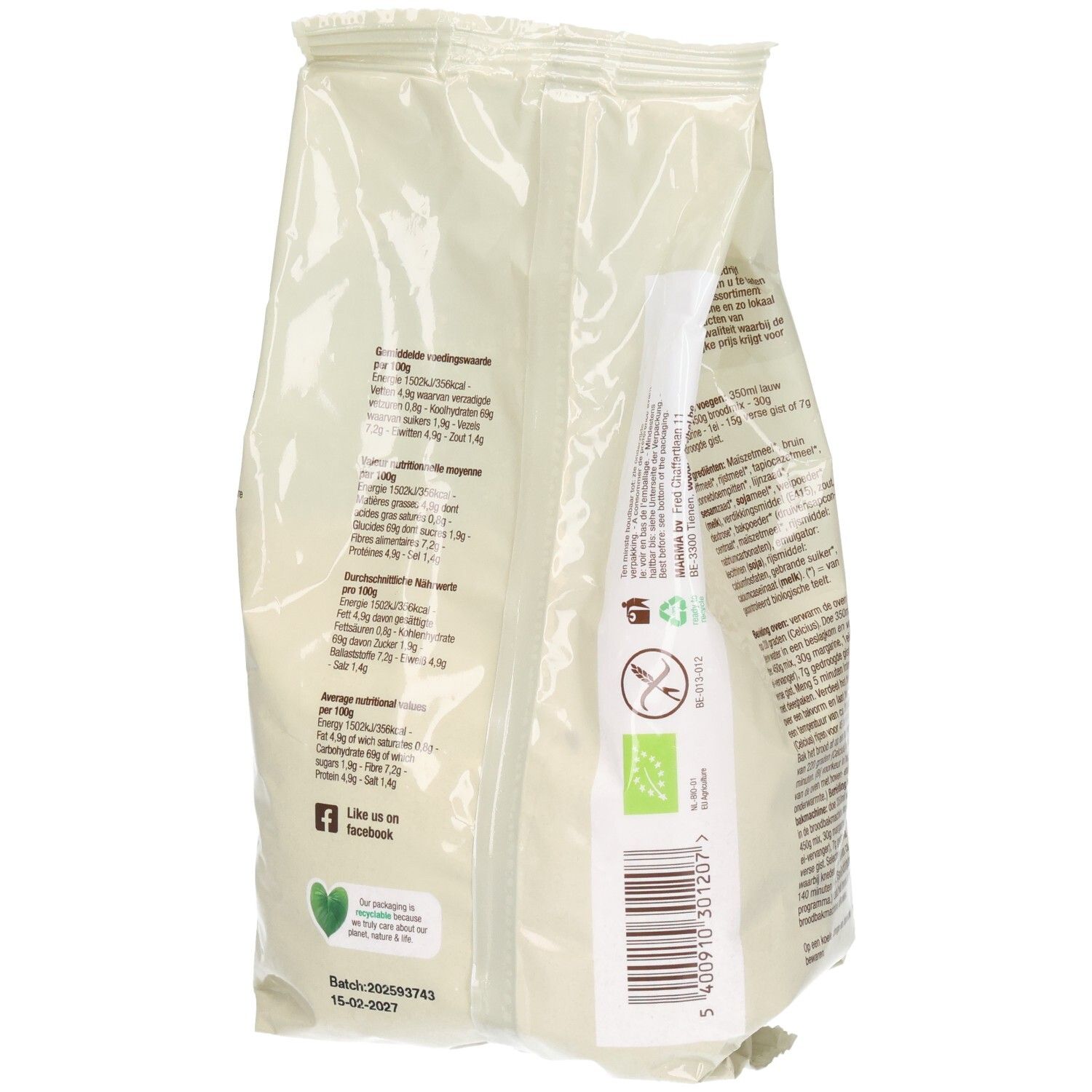 Rückseite der Brotbackmischung. Angaben zu Nährwerten, Zutaten, Bio-Siegel, glutenfrei, Barcode.