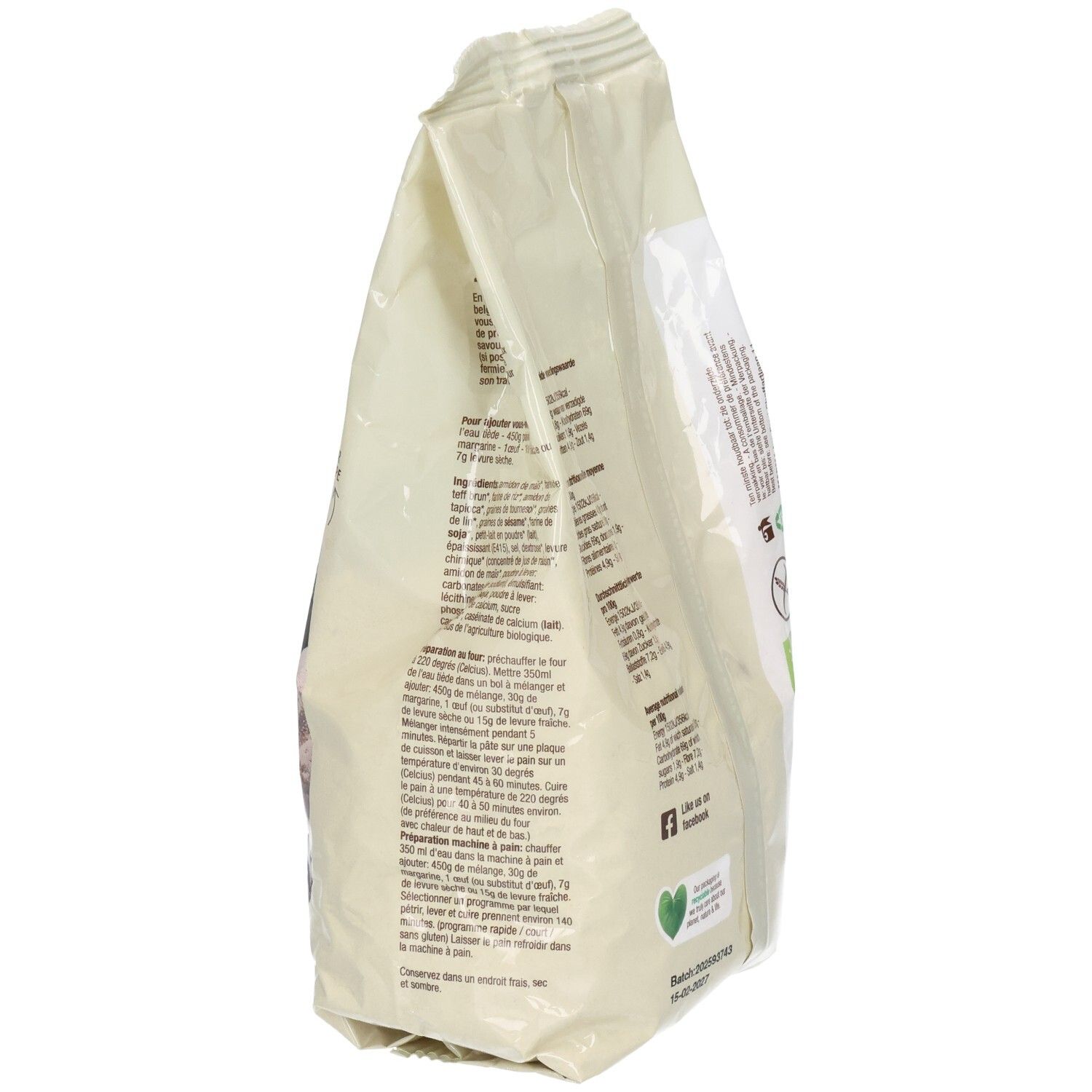 Brotbackmischung, seitliche Ansicht. Text, Bio-Siegel, glutenfrei.