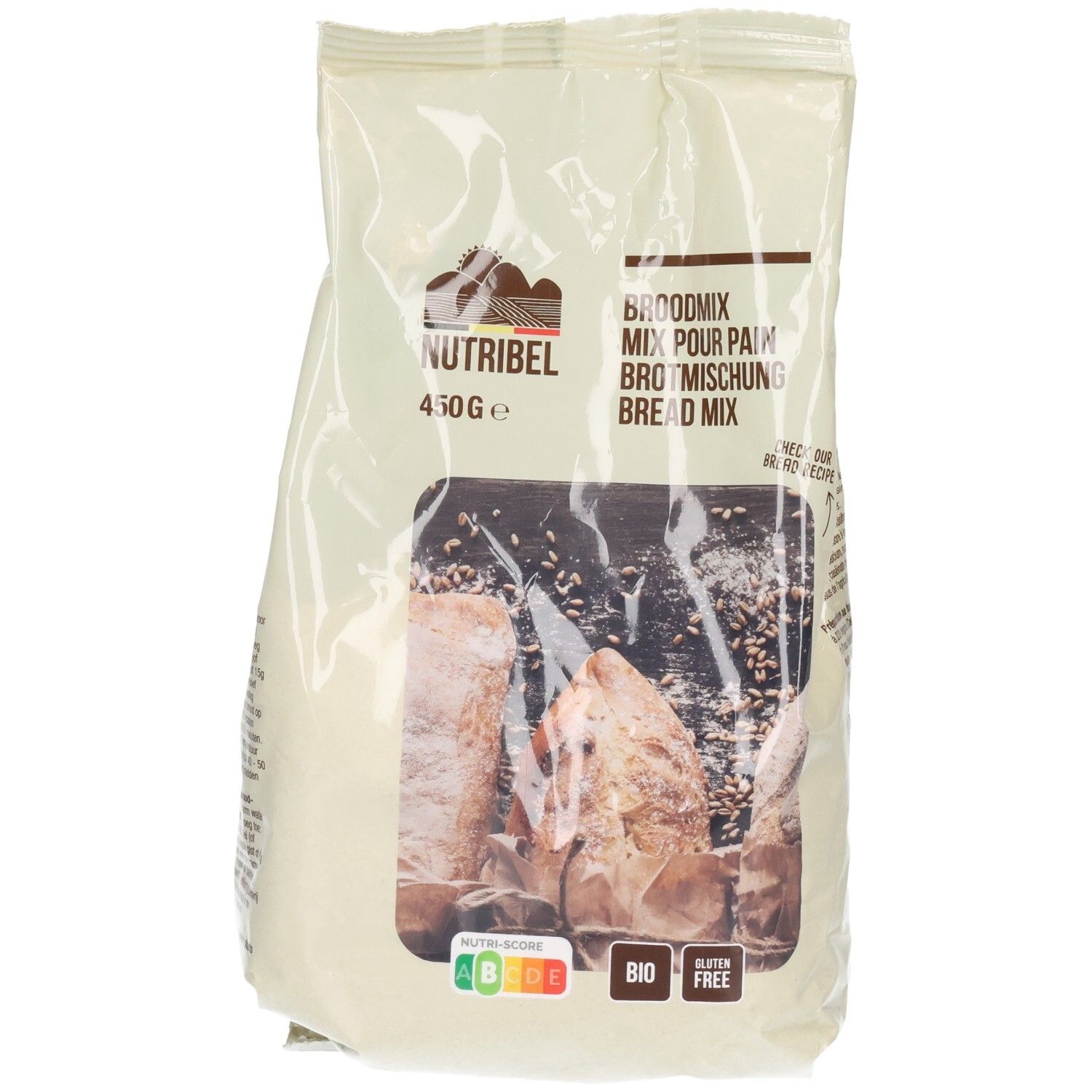 Beutel mit Brotbackmischung. Aufdrucke: Nutribel, Broodmix, Bio, glutenfrei, 450g. Abbildung von Brot.