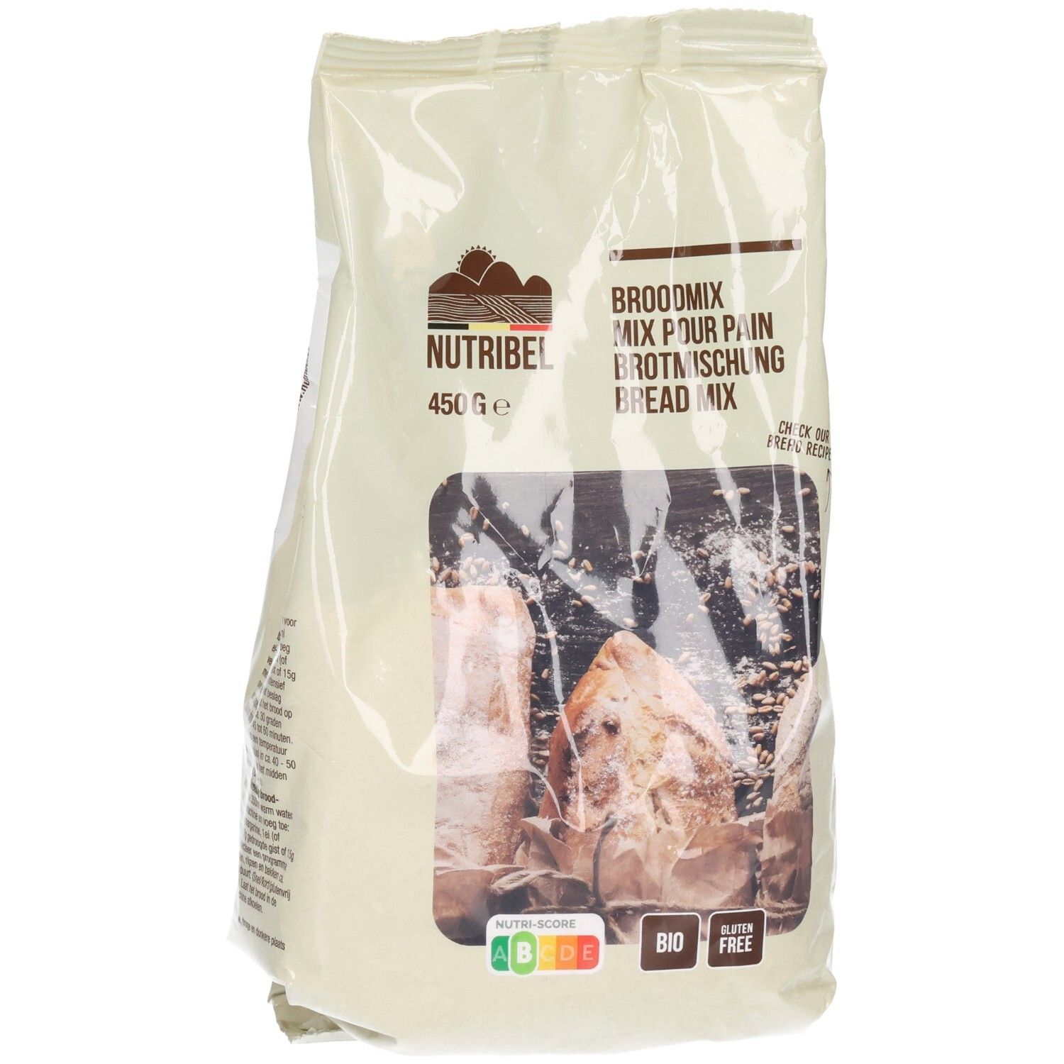 Beutel mit Brotbackmischung. Aufdrucke: Nutribel, Broodmix, Bio, glutenfrei, 450g. Abbildung von Brot.