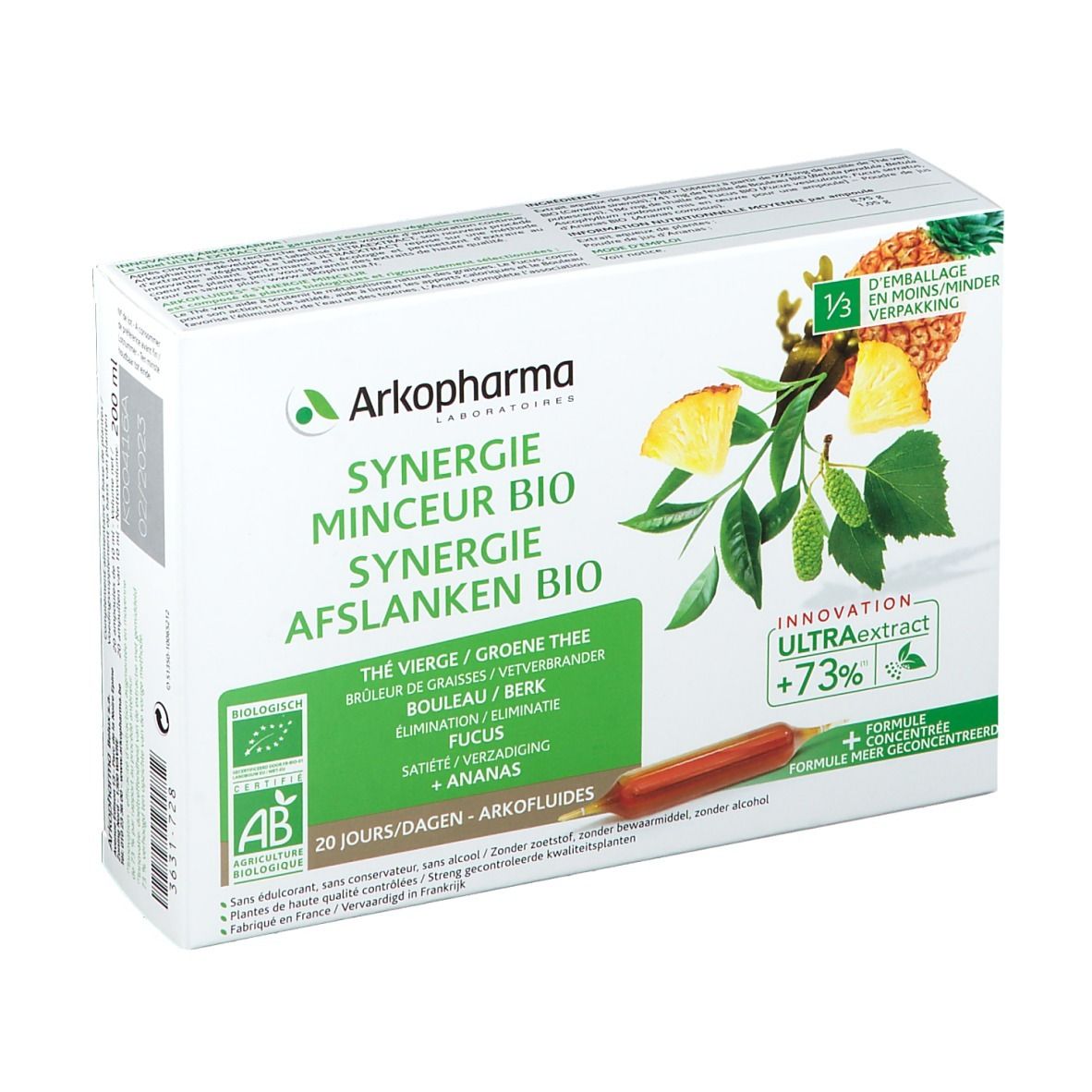 Kartonverpackung von Arkofluide Synergie Adelgazar. Grün-weiße Schachtel mit Produktnamen und Illustrationen von Ananas und Blättern.