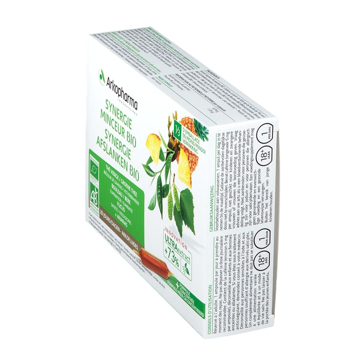 Schachtel Arkofluide Synergie Adelgazar, schräg gestellt. Produktname, Illustrationen von Ananas und Blättern, grüne und weiße Farben.