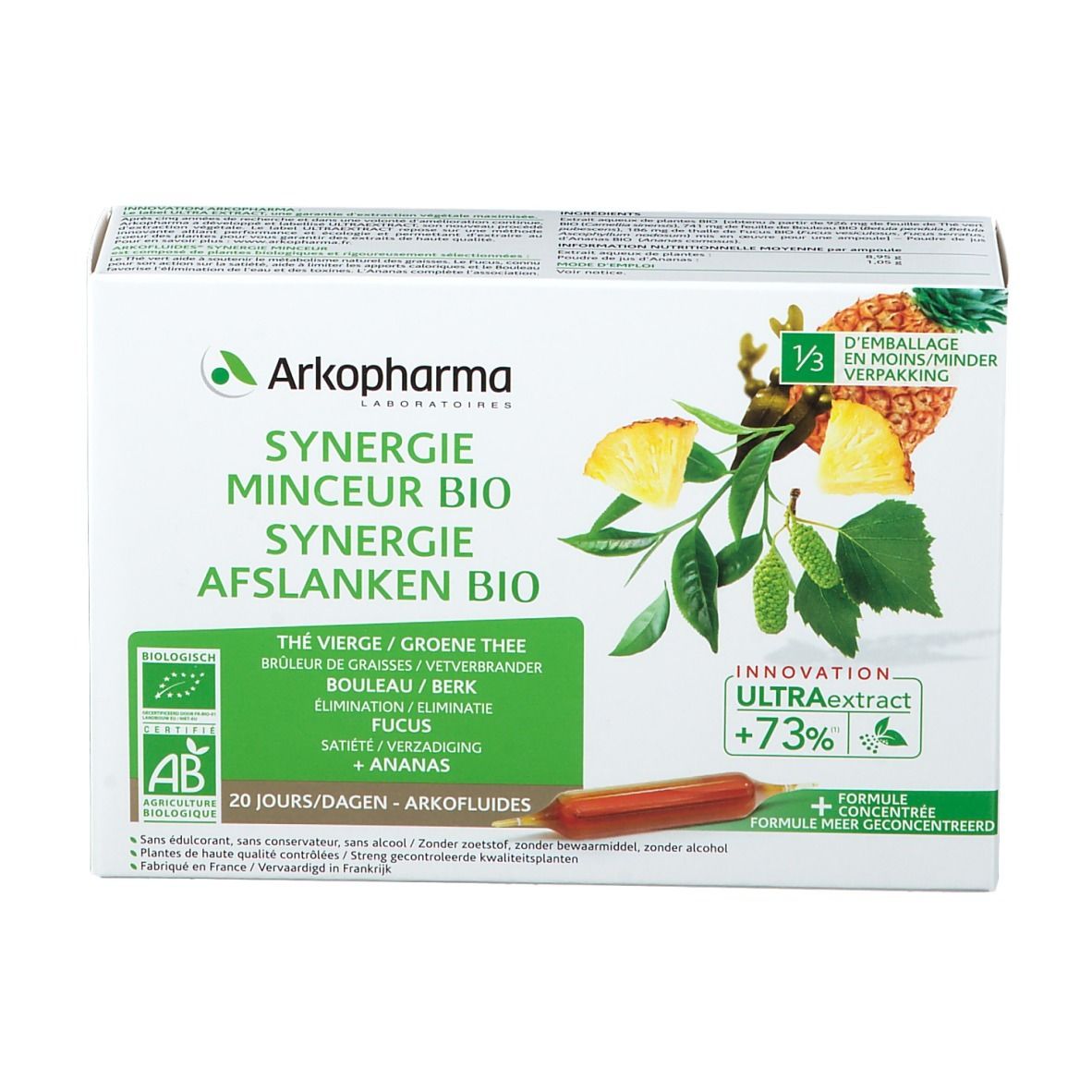 Kartonverpackung von Arkofluide Synergie Adelgazar. Grün-weiße Schachtel mit Produktnamen und Illustrationen von Ananas und Blättern.