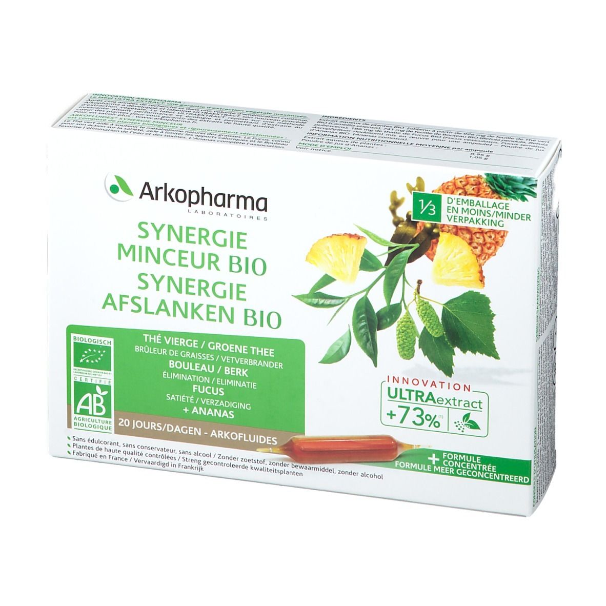 Kartonverpackung von Arkofluide Synergie Adelgazar. Grün-weiße Schachtel mit Produktnamen und Illustrationen von Ananas und Blättern.