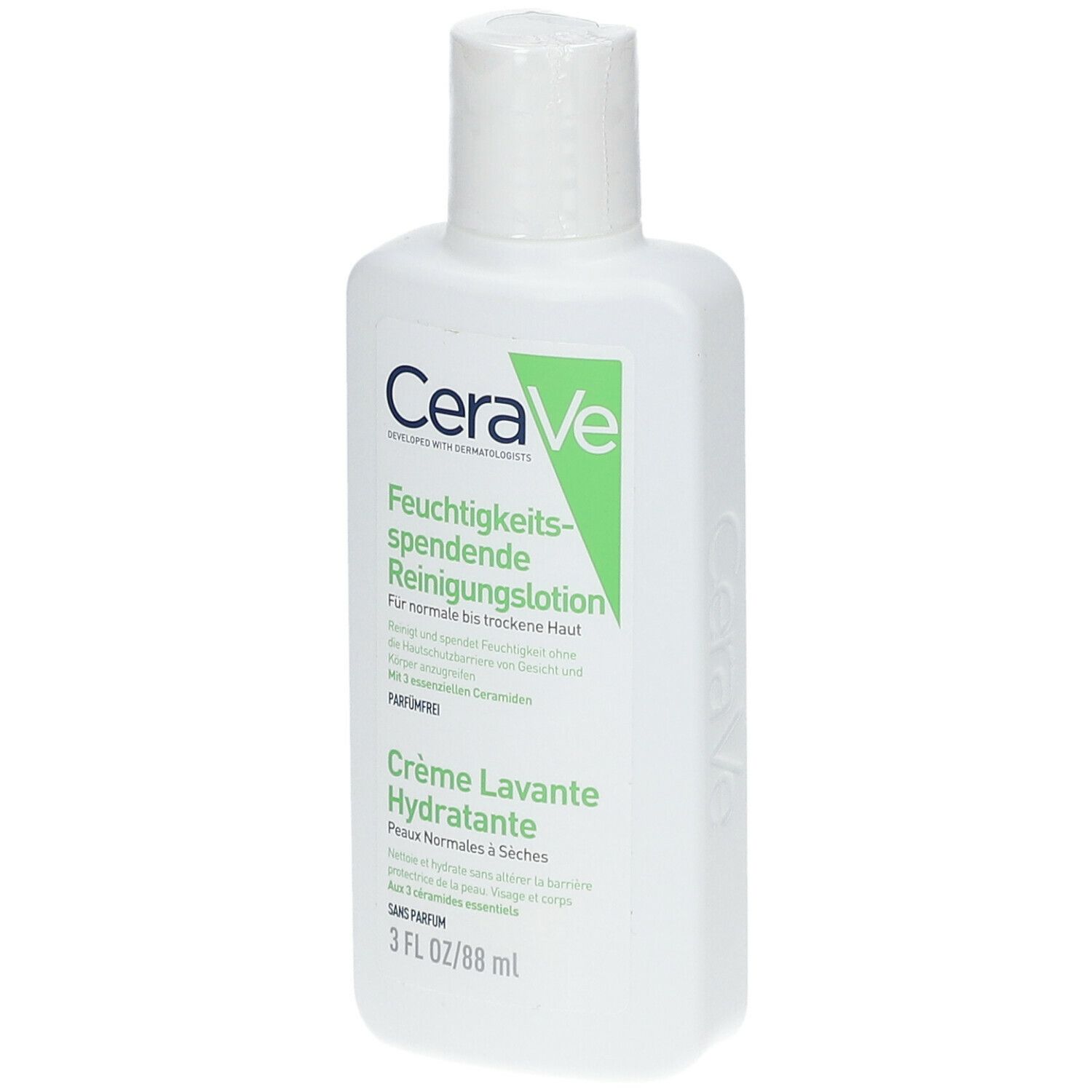 Flacon blanc CeraVe. Étiquette verte avec texte. 3 FL OZ/88 ml.