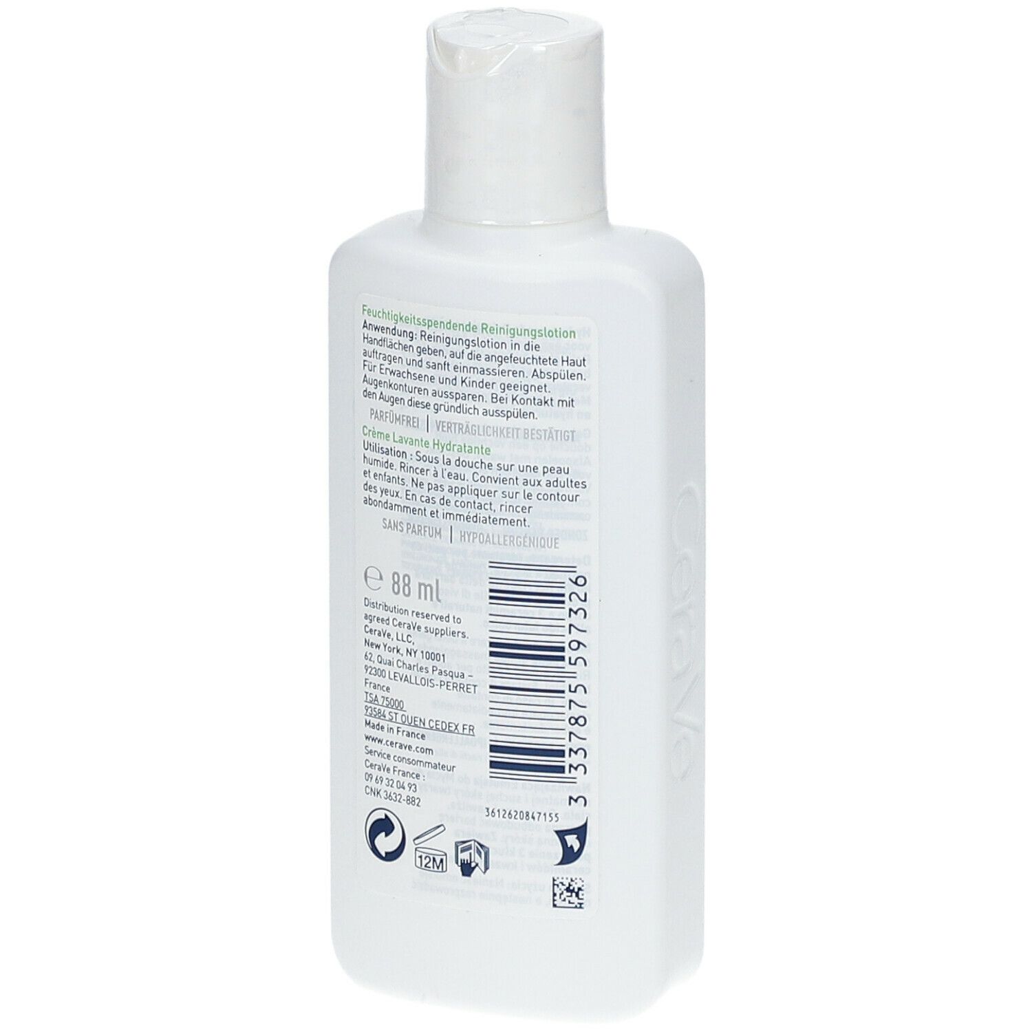 Flacon blanc CeraVe. Dos avec texte et logos.