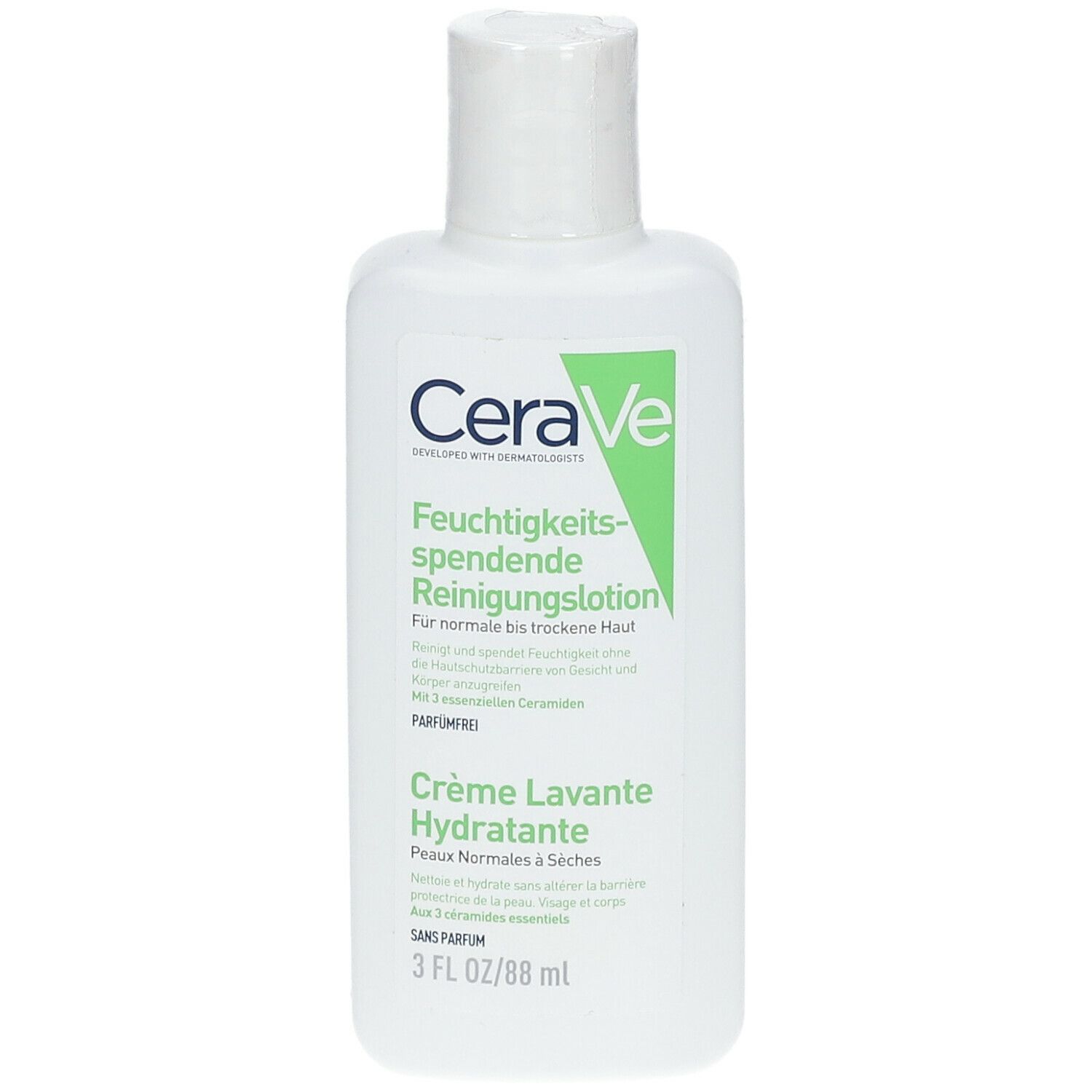 Flacon blanc CeraVe. Étiquette verte avec texte. 3 FL OZ/88 ml.