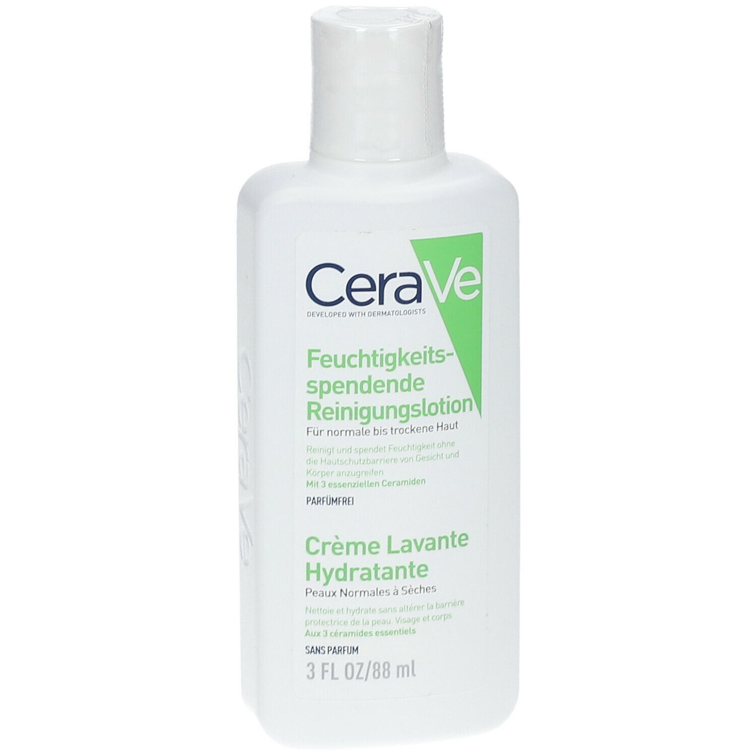 Flacon blanc CeraVe. Étiquette verte avec texte. 3 FL OZ/88 ml.