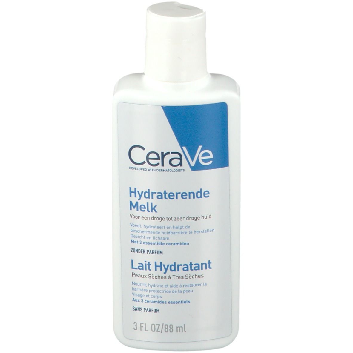 Weiße Flasche CeraVe Feuchtigkeitslotion mit blauem Etikett. Enthält 88 ml.
