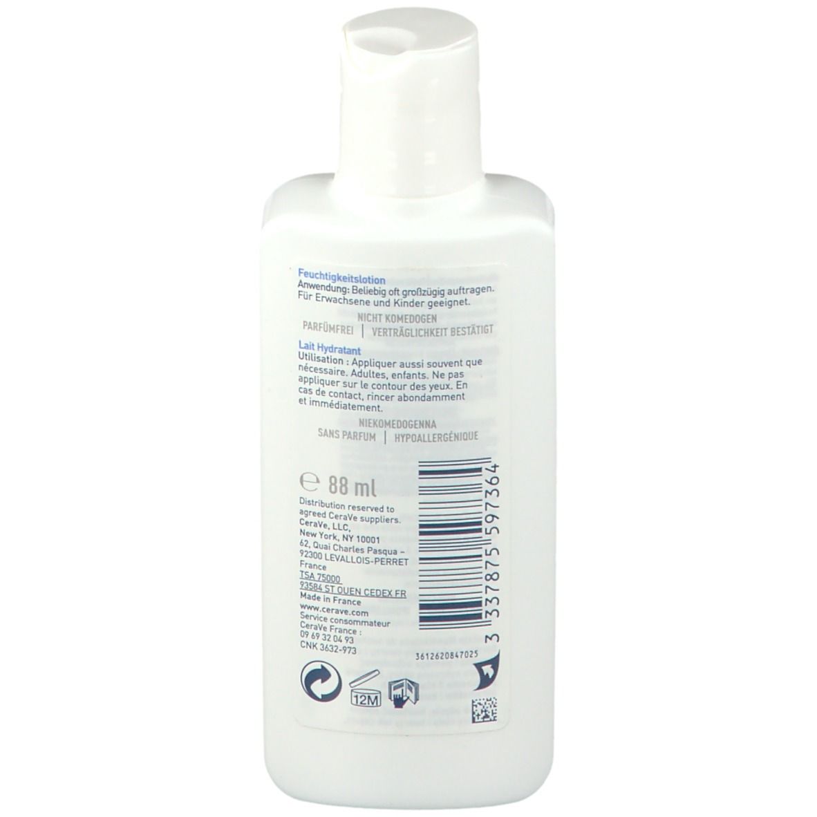 Weiße Flasche mit 88 ml Feuchtigkeitslotion, parfümfrei und hypoallergen.