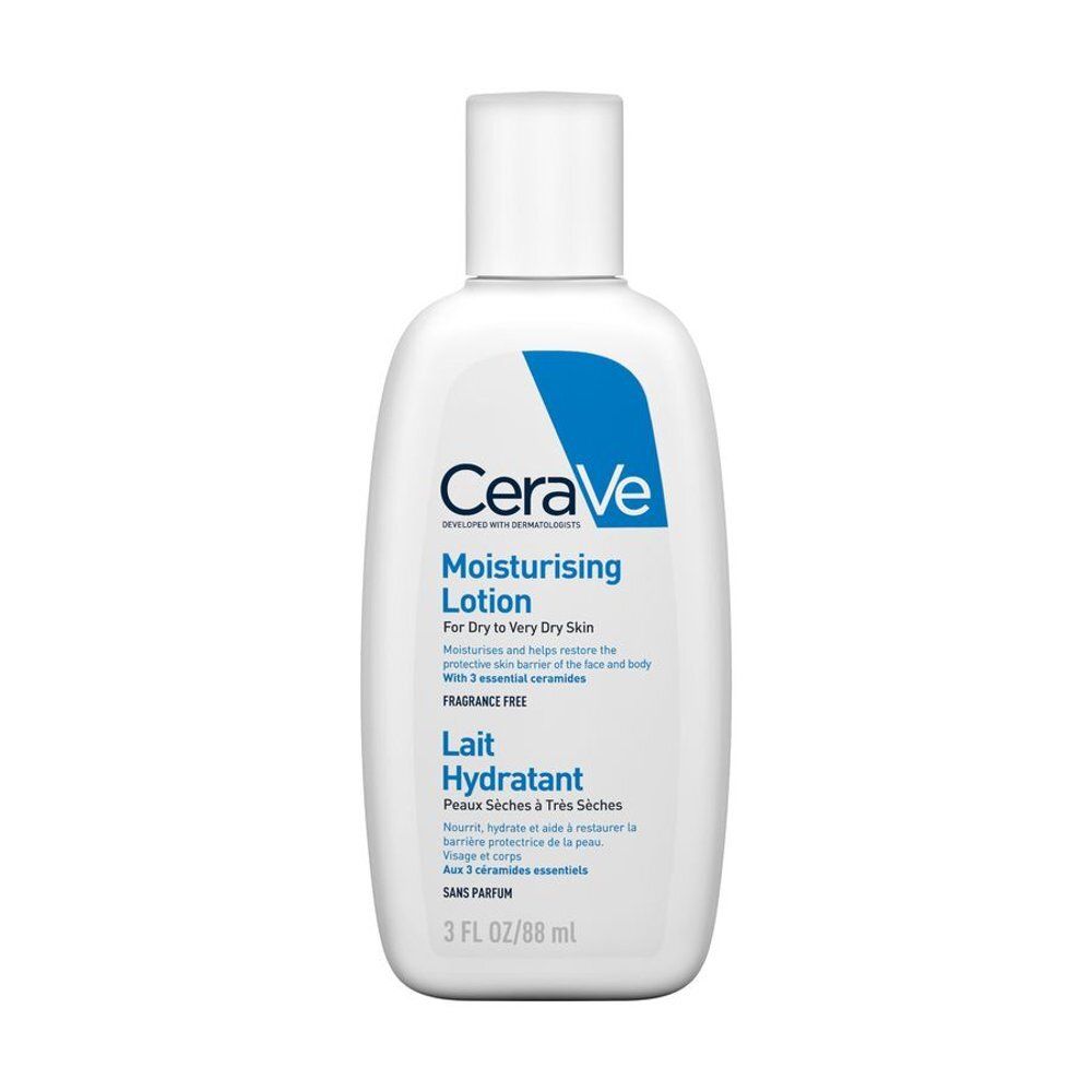 Weiße Flasche CeraVe Feuchtigkeitslotion, 88 ml.
