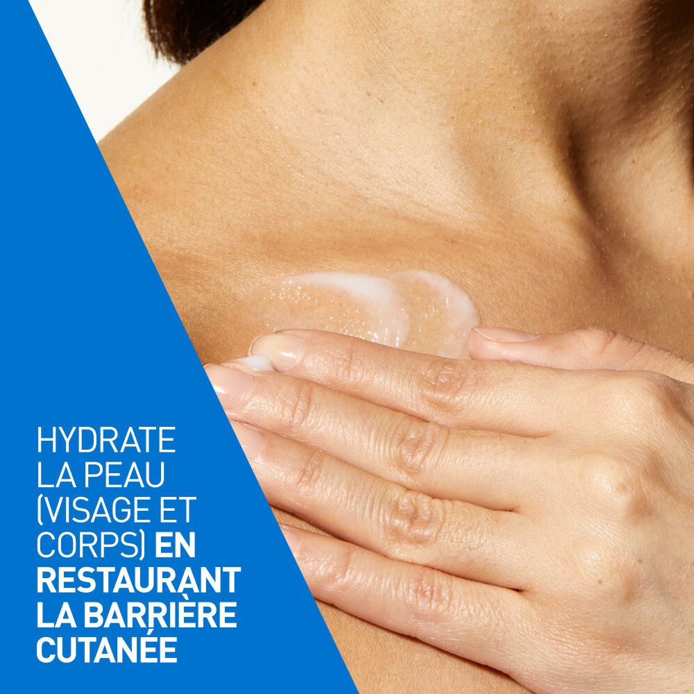 Gros plan sur une lotion blanche. Texte: 3 céramides essentiels, acide hyaluronique, technologie MVE.