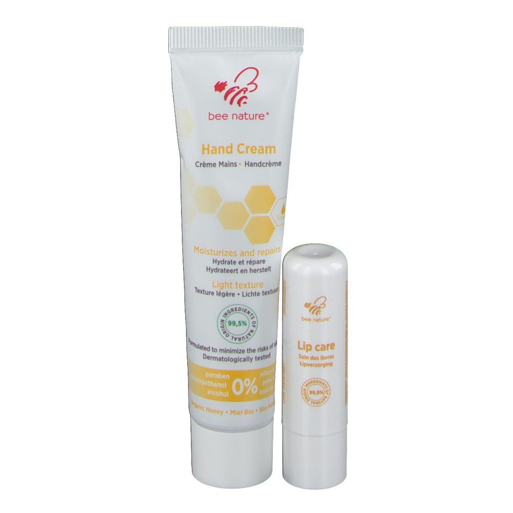 Tube de crème pour les mains et stick à lèvres. Blancs avec des accents jaunes. Inscription : bee nature®, Hand Cream, Lip care.