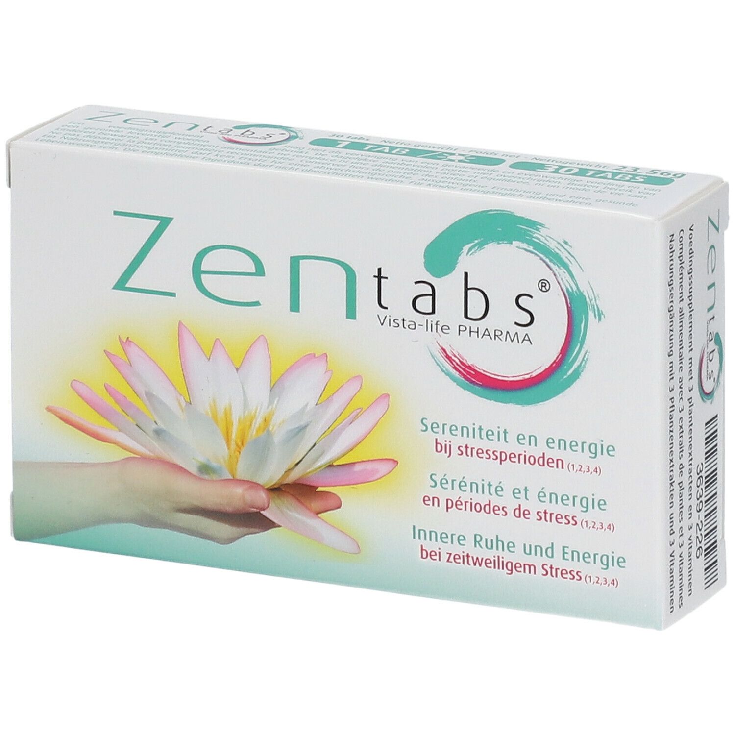 Schachtel mit "Zen tabs"-Logo und Lotusblüte. Text: Serenity and energy bei Stressperioden.
