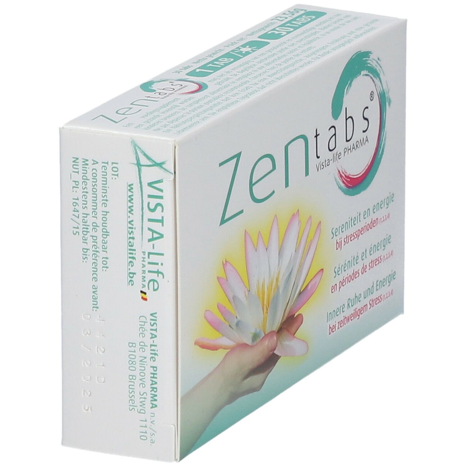 Schachtel "Zen tabs" mit Logo und Lotusblüte. Text: Serenity and energy bei Stressperioden. Seite mit Adresse.