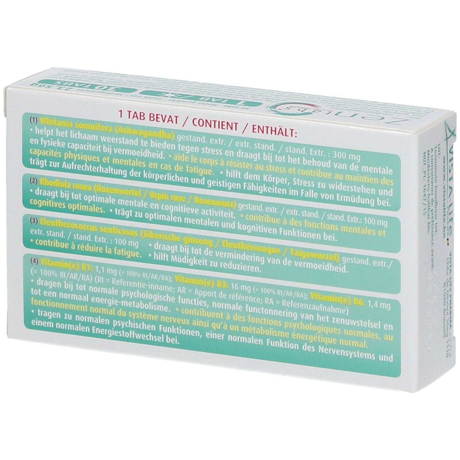 Rückseite der "Zen tabs"-Schachtel mit Inhaltsangaben. Text in Deutsch, Französisch und Niederländisch.