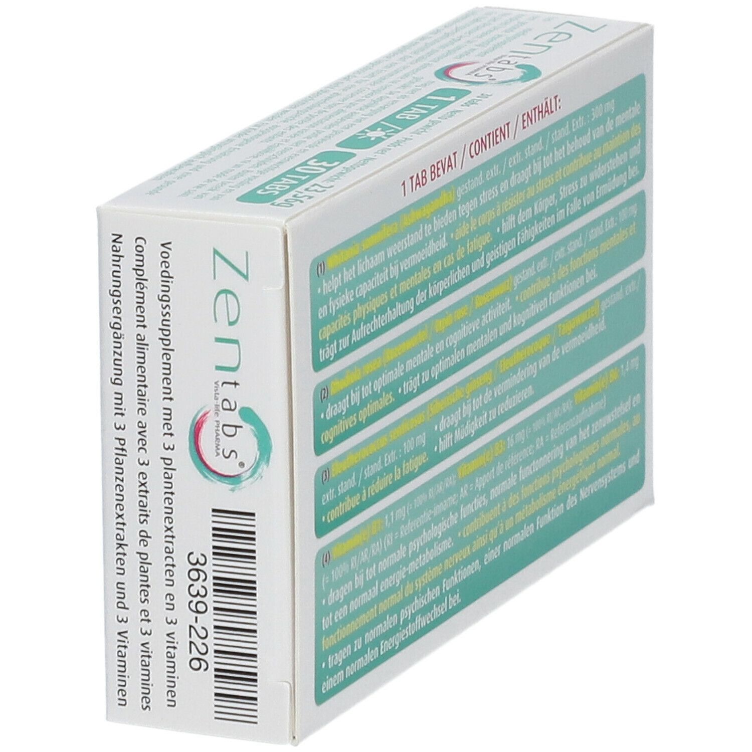 Seite der "Zen tabs"-Schachtel mit Inhaltsangaben und Barcode. Text in Deutsch, Französisch und Niederländisch.
