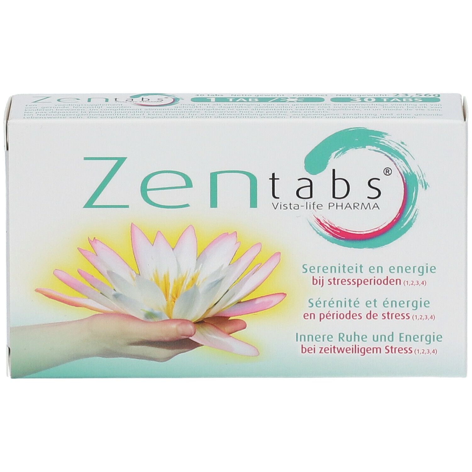 Schachtel "Zen tabs" mit Logo und Lotusblüte. Text: Serenity and energy bei Stressperioden.