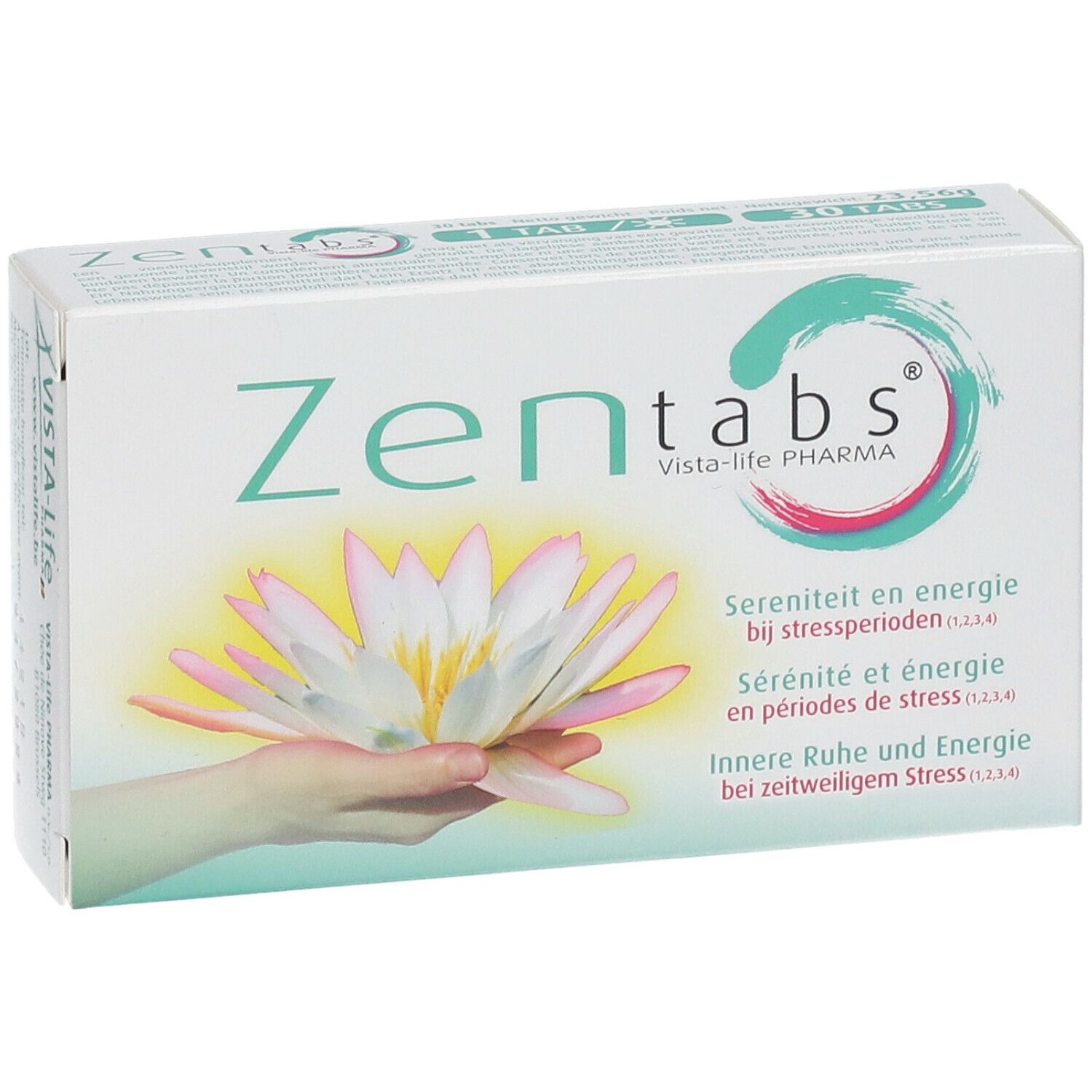 Schachtel "Zen tabs" mit Logo und Lotusblüte. Text: Serenity and energy bei Stressperioden.