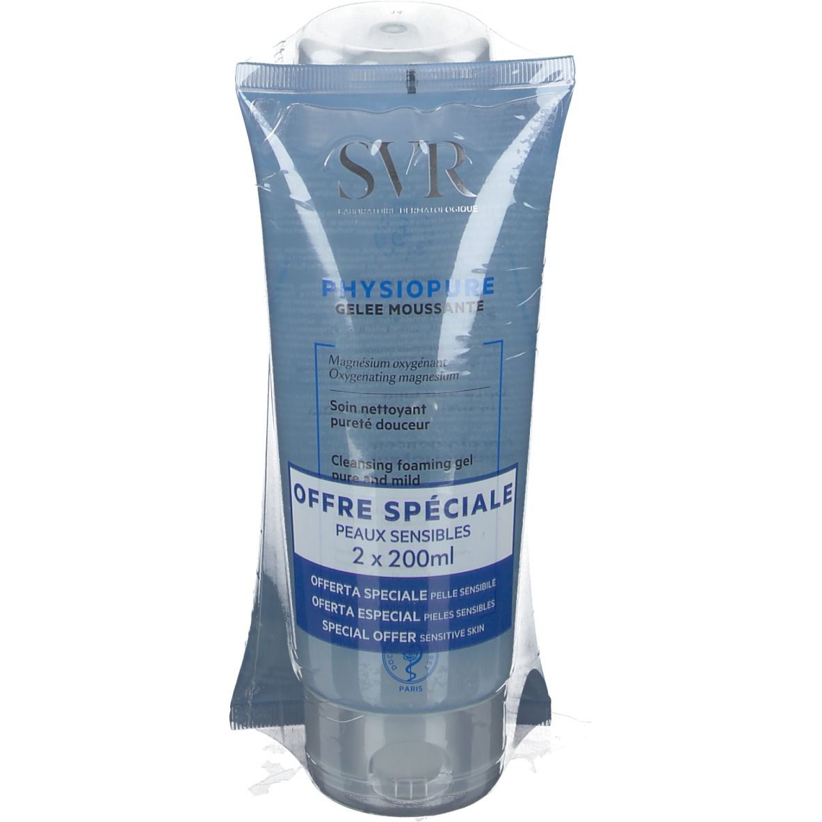Tube transparent de gel bleu. Texte: SVR, PHYSIOPURE, Offre Spéciale, 2 x 200ml. Emballé dans du film plastique.
