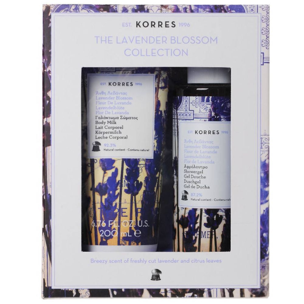 KORRES Lavendel Blumenkasten Geschenkset. Enthält Body Milk und Duschgel. Verpackung mit Lavendel-Motiv und Produktnamen.