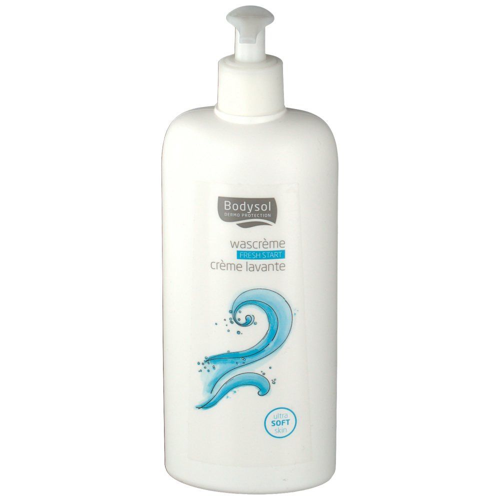 Flacon blanc avec pompe. Inscription Bodysol, Waschcrème, Fresh Start, Crème lavante. Illustration d'eau bleue.