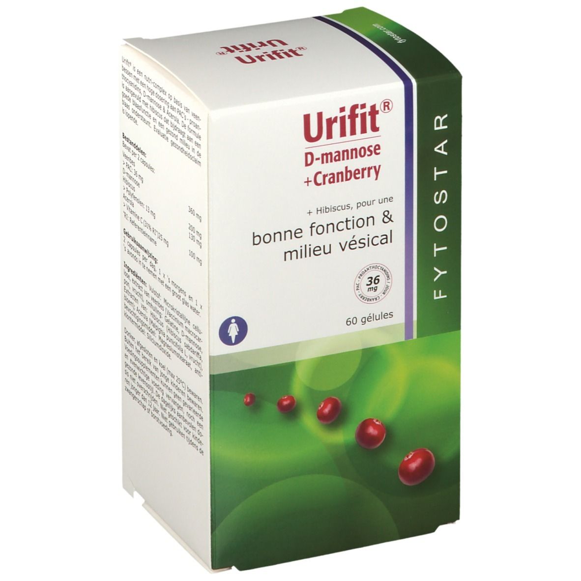 Karton mit FYTOSTAR Urifit®-Kapseln. Aufschrift: D-Mannose + Cranberry. 60 Kapseln. Grüne und weiße Verpackung mit Cranberry-Abbildung.