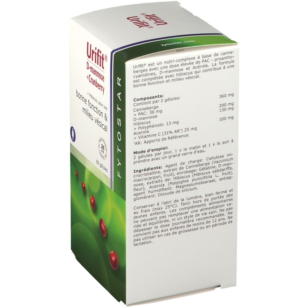 Rückseite der FYTOSTAR Urifit®-Verpackung. Enthält Informationen zu Inhaltsstoffen, Dosierung und Gebrauchsanweisung. Text in französischer Sprache.