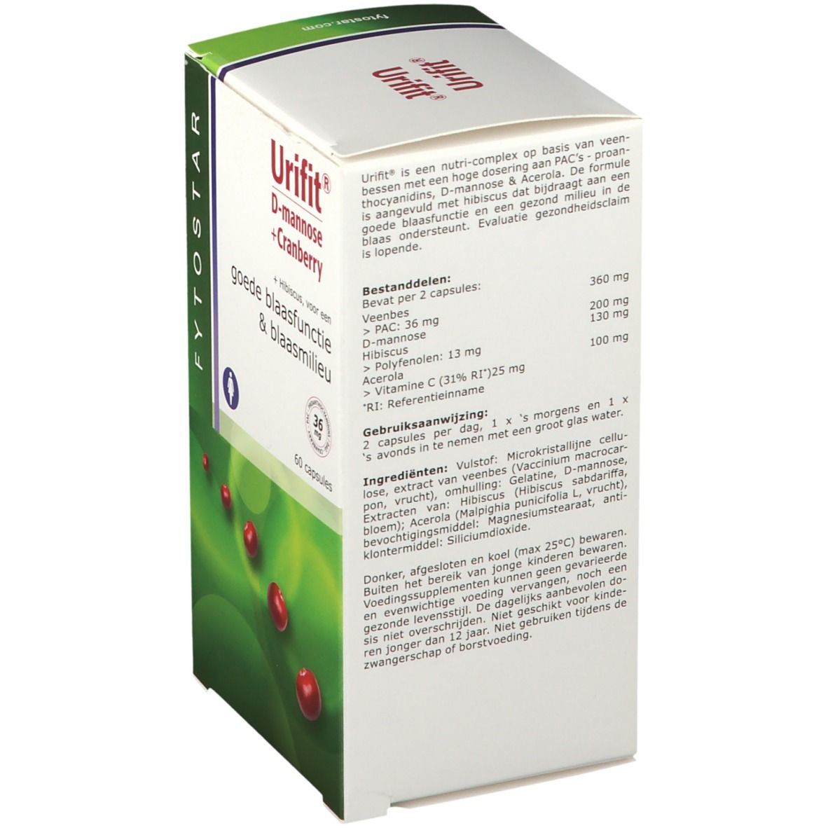 Rückseite der FYTOSTAR Urifit®-Verpackung. Enthält Informationen zu Inhaltsstoffen, Dosierung und Gebrauchsanweisung. Text in niederländischer Sprache.