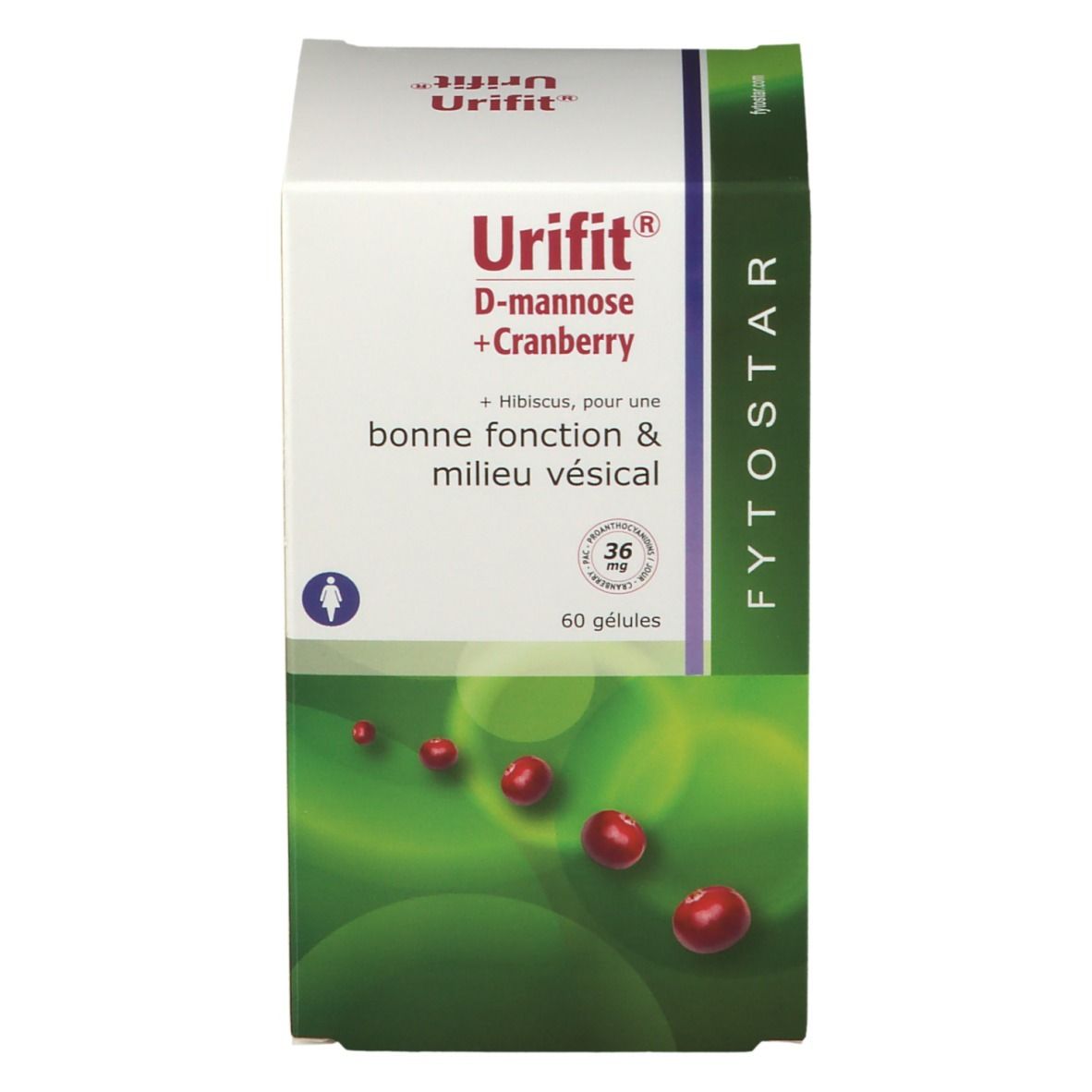 Karton mit FYTOSTAR Urifit®-Kapseln. Aufschrift: D-Mannose + Cranberry. 60 Kapseln. Grüne und weiße Verpackung mit Cranberry-Abbildung.