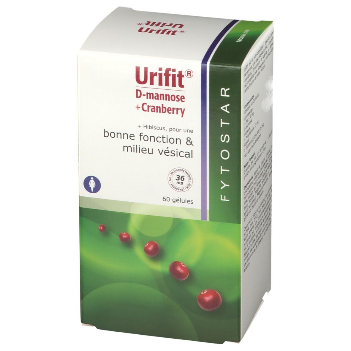 Karton mit FYTOSTAR Urifit®-Kapseln. Aufschrift: D-Mannose + Cranberry. 60 Kapseln. Grüne und weiße Verpackung mit Cranberry-Abbildung.